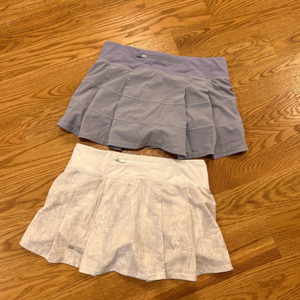 TWO Lululemon Pace Rival Skirts EUC sz 6 eternal white wave + berry mist
